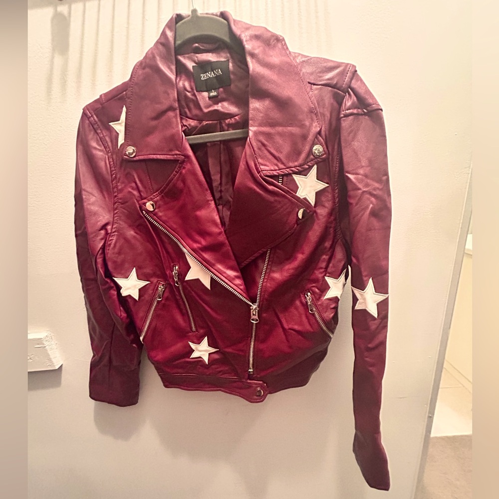 Zenana burgundy motorcycle jacket with star detail, size large